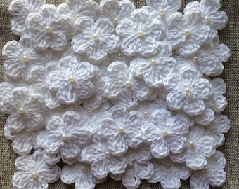 30 Crochet flowers with Pearl White- Soft Cotton - Size 3cm