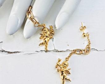 Cupid's Kiss Brass Pendant Chain Dangle Earrings