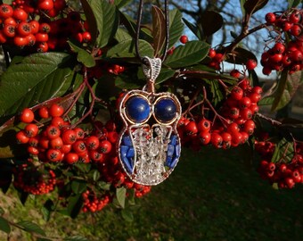Wire Wrapping Lapis Lazuli and Crystal OWL pendant