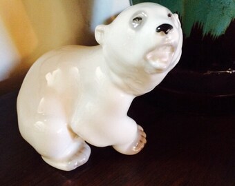 White Polar Bear Figurine, Russian Bear, Lomonosov USSR White Bear, Russian Figurine
