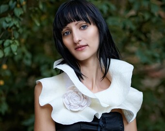 Handmade Felted Scarf collar neck warmer ivory with Flower Brooch Made to order