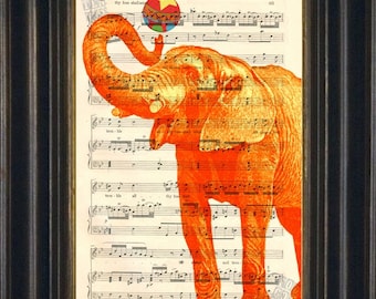 Elephant Print Orange Elephant with Ball print on upcycled Vintage Sheet Music Page mixed media digital