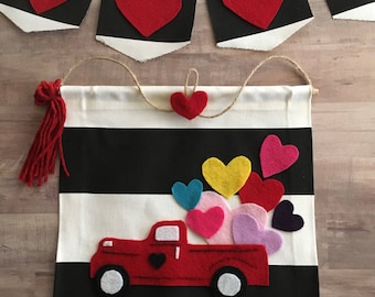 Valentines Day Banner Vintage Red Truck Bunting Trucks, Valentines Day Banner, Valentines Day RED truck, Valentines Day decor, 12"X10"