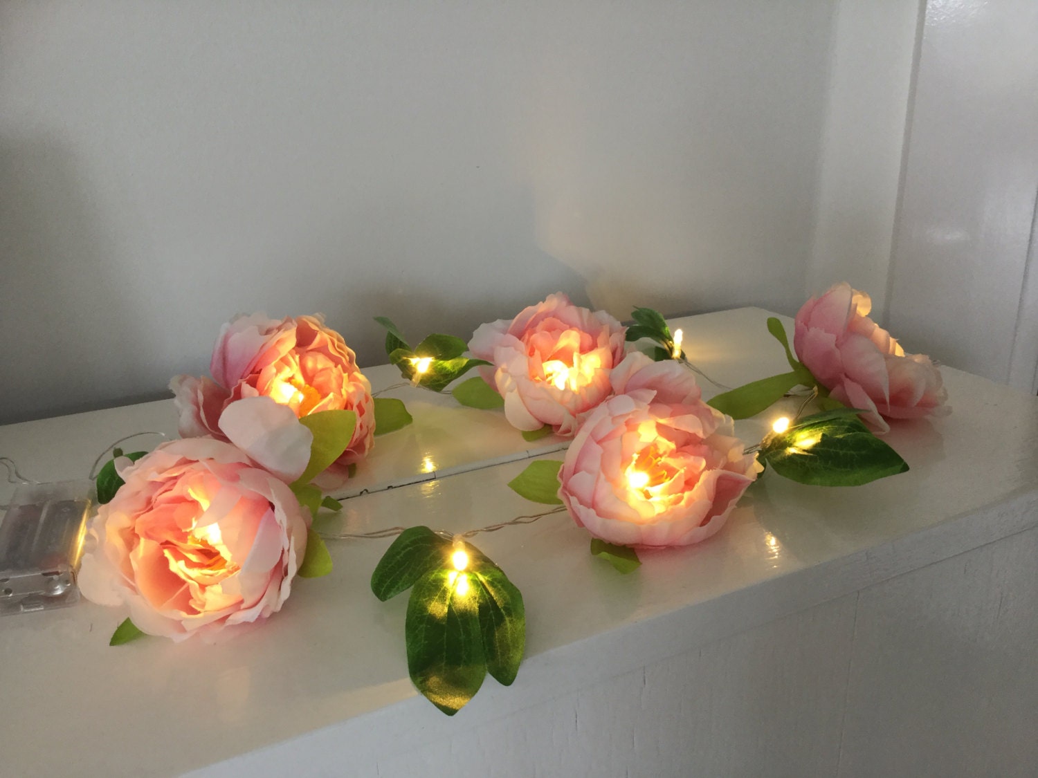 5 pink peonies and 5 leaves fairy led lights fairy string