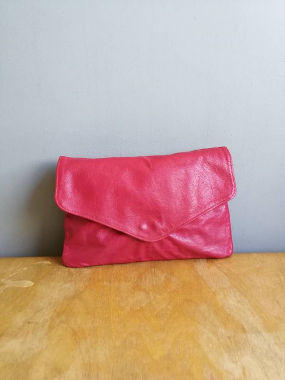 Pink leather clutch purse / soft real leather clutch / bright pink leather clutch bag / supple pink leather bag / pink 80s evening bag /