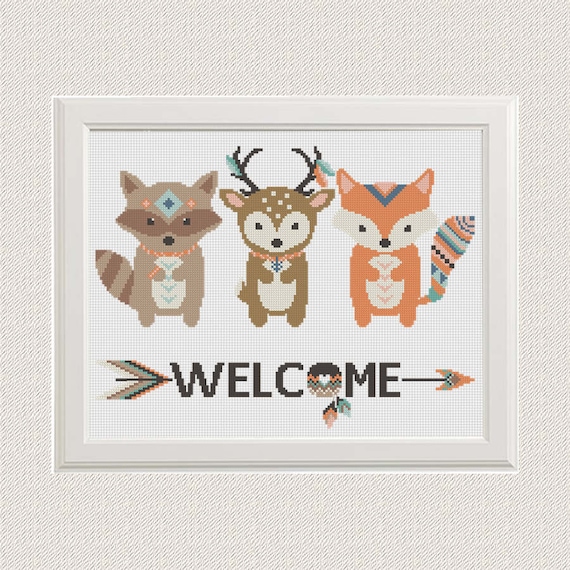 Baby Cross Stitch pattern animals fox deer raccoon modern