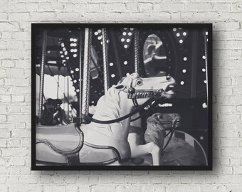County fair fine art photography print, horse carousel, carnival photography, black and white photography, nursery art (fair bw 03)