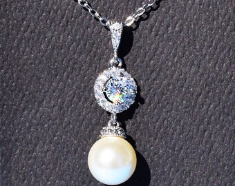 Pearl Bridal Jewelry 619NR White Gold Halo Round Cz White Pearl Necklace Pearl Wedding Necklace CZ Bridal Jewelry White Cream CreamRose Lite