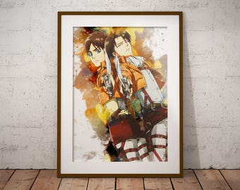 Eren Print Shingeki no Kyojin Poster AoT Print Levi Mikasa Eren Armin Anime Watercolor Art Print, Anime Poster Watercolor Wall Art n337