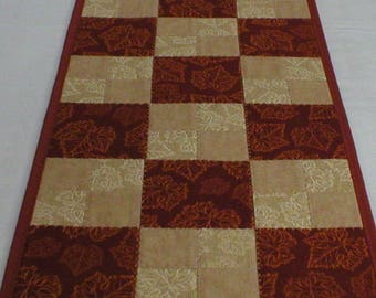 Handmade Quilted Table Runner, with Fall Leaves on Rust and Beige, About 12 x 48 Inches (Runner2153-over40)