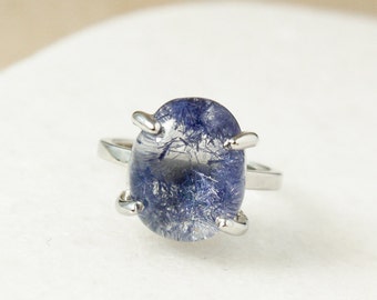Gold Blue Dumortierite Ring - Rare Dumortierite Ring - Oval Dumortierite
