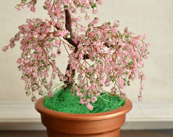 Cherry blossom Office decor bonsai tree Wire tree sculpture Sakura beaded bonsai tree Cherry blossom decor Wire wrapped tree