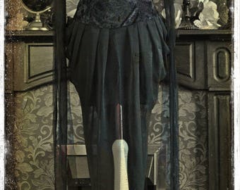 Bespoke Creepy Gothic Witch Dress by House of Goth - The Vampire's Funeral Gown with Beautiful Bustle in Deep Black Velvet & Chiffon