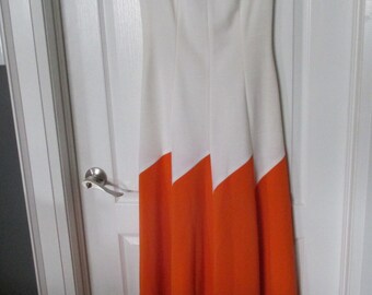 1970'S Fortrel Polyester Color Block Sleeveless Maxi Dress Cream/ Orange Size 10