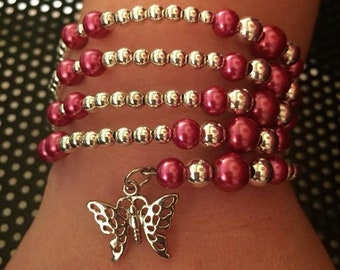 Pink and Silver Five Strand Memory Wire Bracelet with Charm