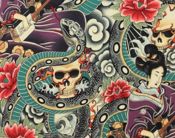 Zen Charmer - Alexander Henry Fabric - Japanese, Snake, Geisha, Lotus- ( Yard or Half Yard )