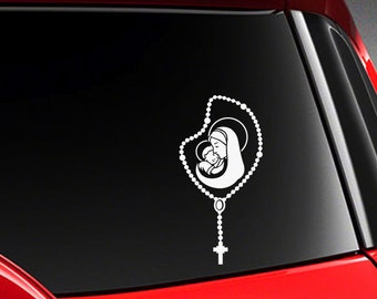 Catholic Rosary Beads Mother Mary & Baby Jesus Vinyl Car Decal Sticker 7" (H)