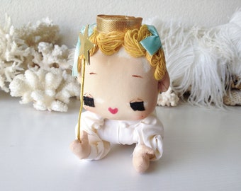 Vintage pose doll angel baby retro Japan blond fairy stockinette pixie netting wings Christmas decoration