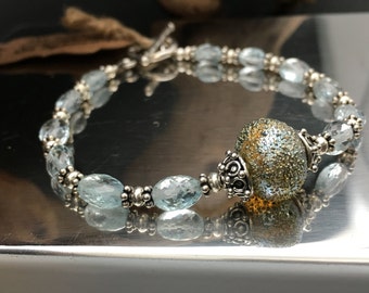 Aquamarine bracelet, Lampwork glass bracelet, OOAK bracelet, Artisan gemstone bracelet, bracelets under 200