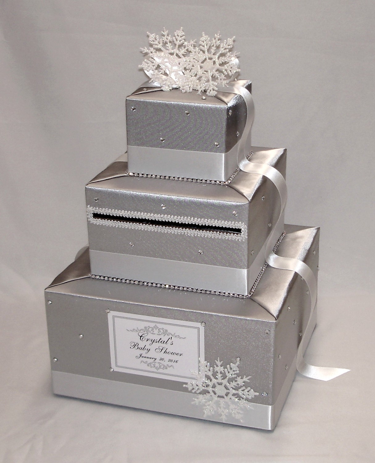 winter wonderland snowflake theme card box silver and