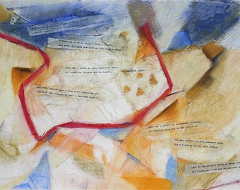 Shakespeare Sonnet 30, Poetry Art, Original Pastel- Mixed Media Collage, Sonnet xxx, Blue, Red, Gold, White- 15x20- Donation