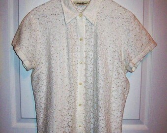Vintage Ladies Off White Lace Short Sleeve Blouse by Eddie Bauer Large Only 7 USD
