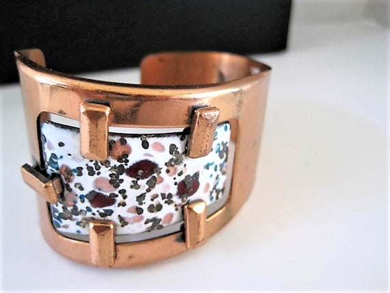 Matisse Renoir Bracelet, White Enamel on Copper Cuff, Vintage Wide Copper Bangle
