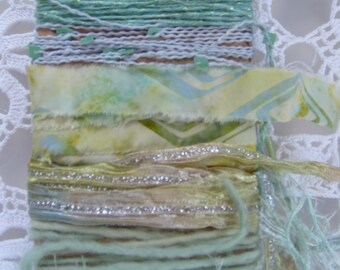 MINT CONDITION Fiber Art Yarn bundle/12 yds/mint green,lime green yarn/embellishment trim/scrapbook/junk journal/cardmaking/mixed trim pack