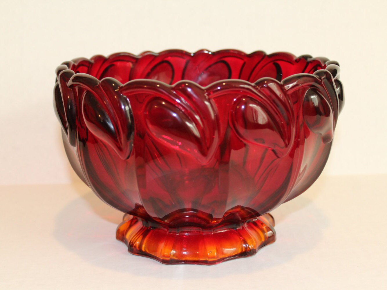 Vintage Amberina Glass Footed Bowl Ruby Red Glass Heart Leaf