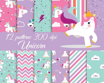 Unicorn digital paper, Party Unicorns, Magical Unicorn scrapbook papers, pastel papers, Rainbow digital paper, Unicorn clipart, Clouds paper