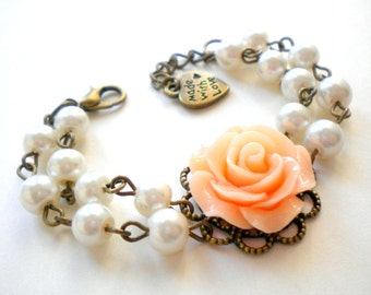 Flower Girl Jewelry Peach Bracelet Flower Girl Bracelet Baby Girl Jewelry Flower Girl Gift Pearl And Flower Bracelet Children Jewelry