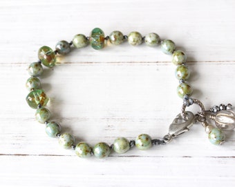 Green Hand Knotted Bracelet, Czech glass beaded bracelet, spring colors, stacking bracelet