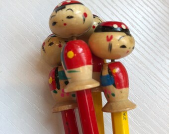 Lot of 4 Wooden Japanese Kokeshi Doll Pencils