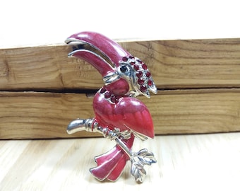 Vintage Red Enamel Brooch Rhinestone Toucan Bird Brooch, lapel pin Red Bird