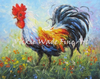 Rooster ORIGINAL Painting, 12X12, rooster painting, rooster art, rooster images, kitchen art, kitchen paintings, canvas, Vickie Wade Art