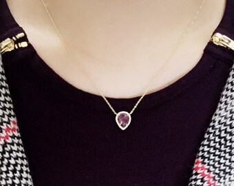Pear Shaped Sapphire Diamond Necklace/Pink Sapphire Necklace/Diamond Necklace/Diamond Gold Necklace/Sapphire Pendant Necklace