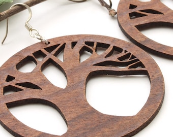 Tree of Life Earrings - Laser Cut Wooden Hoops - Sustainable Harvest Wisconsin Black Walnut Wood . Timber Green Woods