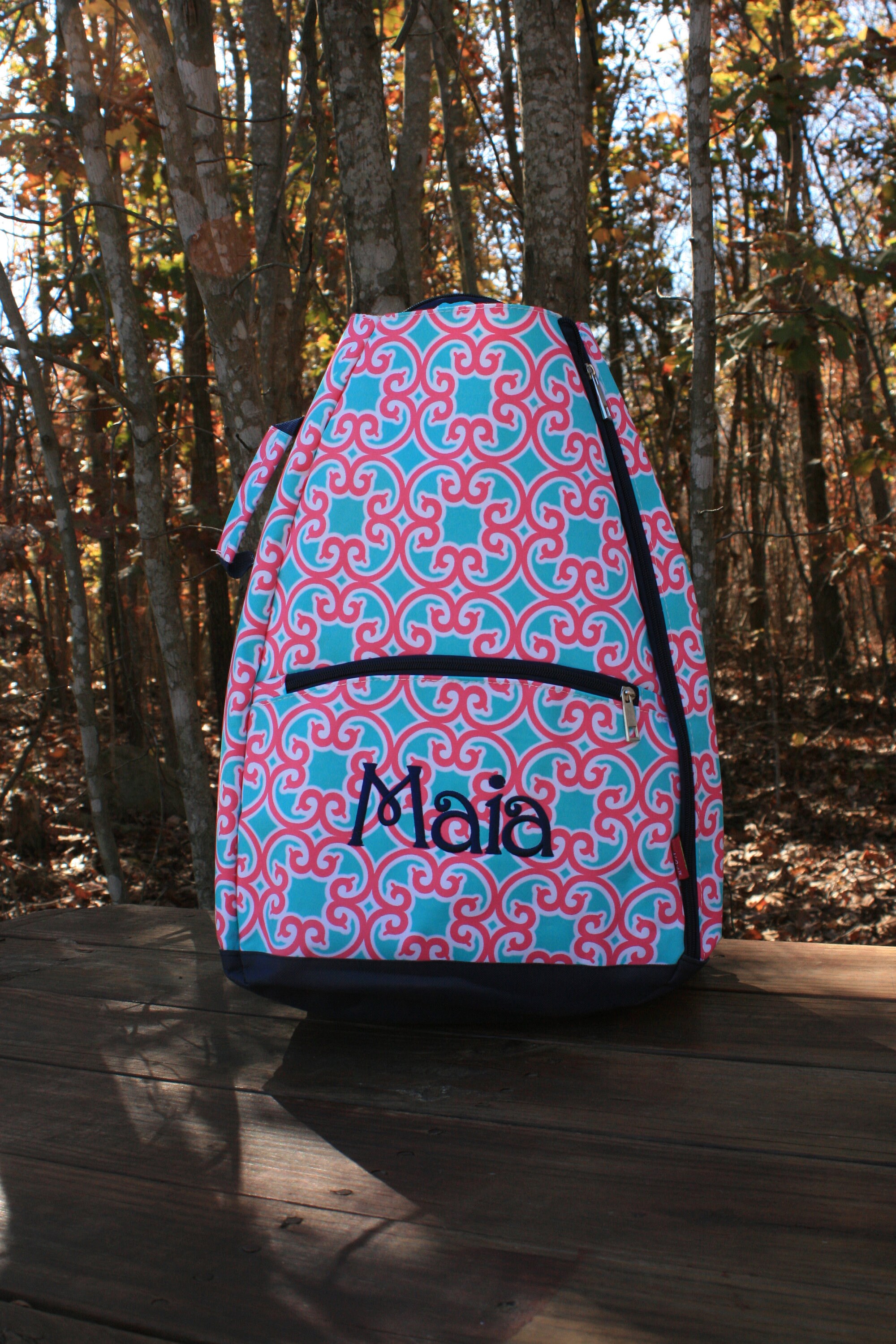 Girls Monogrammed Tennis Bag Pink Mint Floral Navy Trim