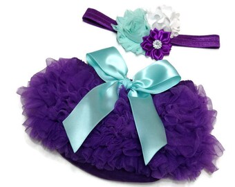 Baby Bloomer, Purple Ruffle Bloomer and Headband, Baby Photo Prop, Newborn Bloomer, Ruffle Diaper Cover, Infant Bloomer, Purple and Aqua