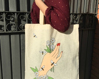 Tote bag "Bees" bolsa shopping tattoo ink grunge alternative nature flowers