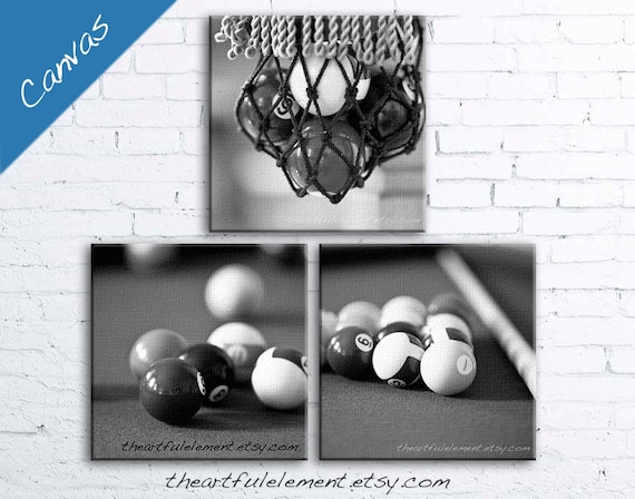 Billiards decor canvas, Pool table decor, Pool room decor, Black and white art, Set of 3, Fathers day gift, Game room / Billiards Canvas Set
