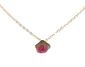 Watermelon Tourmaline necklace Pendant, Raw Tourmaline, October Birthstone Green Pink crystal Necklace: 14K Rose Gold Filled Sterling Silver