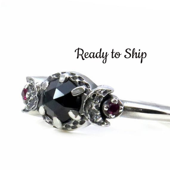 Ready to Ship - Ruby and Black Spinel Moon Goddess Engagement Ring - Sterling Silver