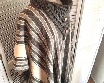 Vintage 80s Hand Woven Brown Stripe Poncho with Knitted Roll Down Collar