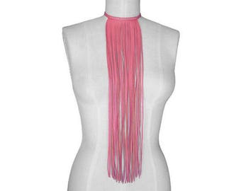 Biker Chick, Leather Fringe Choker, Cosplay Punk Pink Fringe Necklace, Boho Necklace, Gift for her, Biker necklace, Leather Choker, Hot Pink