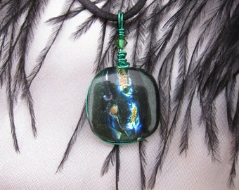 Aventurine Green Bullseye with Rainbow Dichroic Glass Pendant Wire Wrapped with Swarovski Crystal
