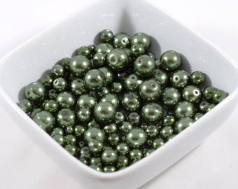 Dark Green Glass Pearls in Three Sizes