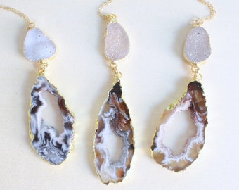 Gold Geode Druzy Necklace / Boho Stone Necklace / Geode Slice / Raw Crystal Necklace / Geode Half / Gift for Her / Christmas Gift