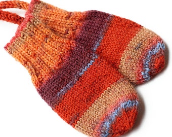 Orange Stripe Thumbless Baby Mittens. Corded Baby Mitts No Thumbs. Infant Hand Warmers. Striped Winter Mittens With or Without String
