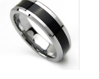 Custom Engraved Men's Black Band Stainless Steel Wedding Band Engagement Ring - FREE Engraving